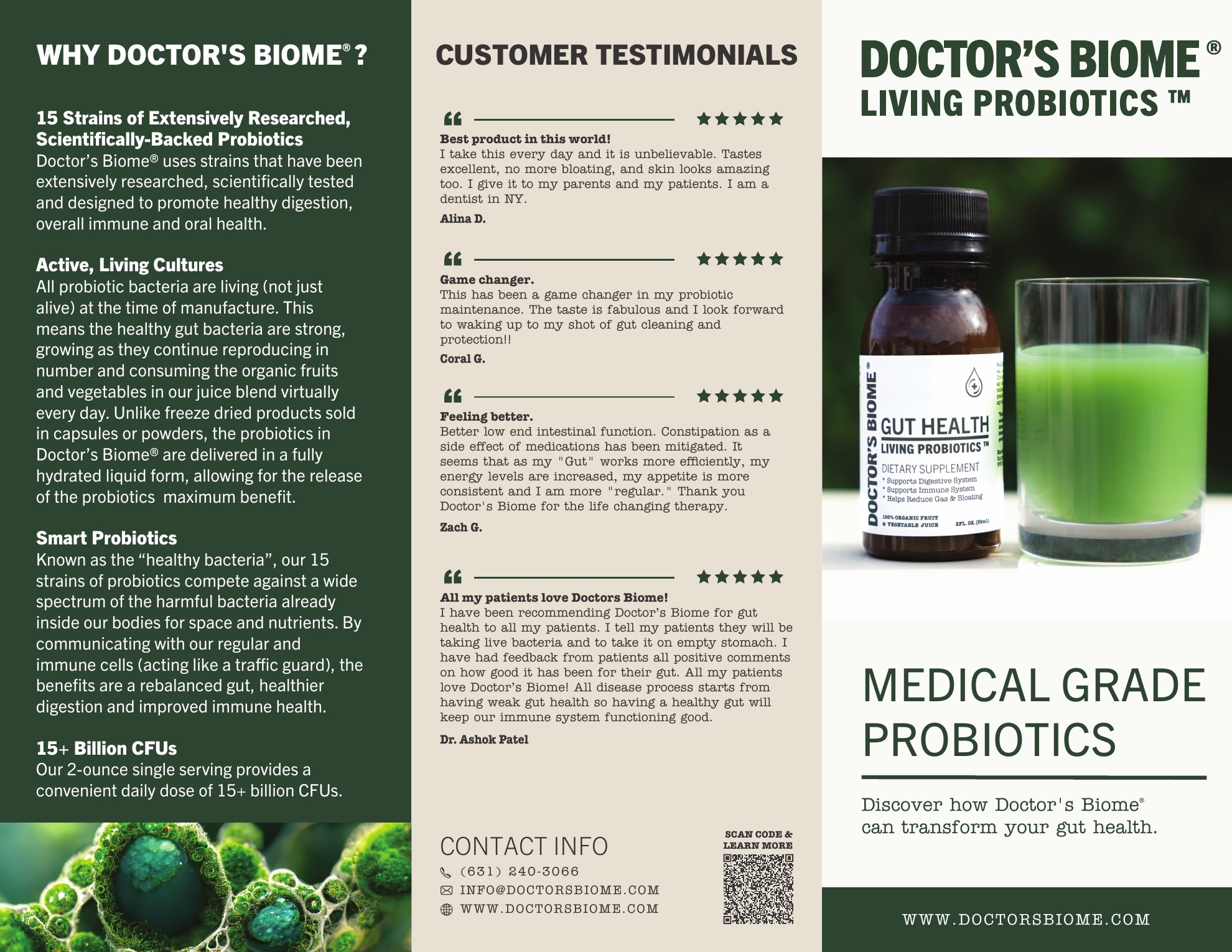 Doctor's Biome trifold brochure exterior with product education, testimonials, and photography