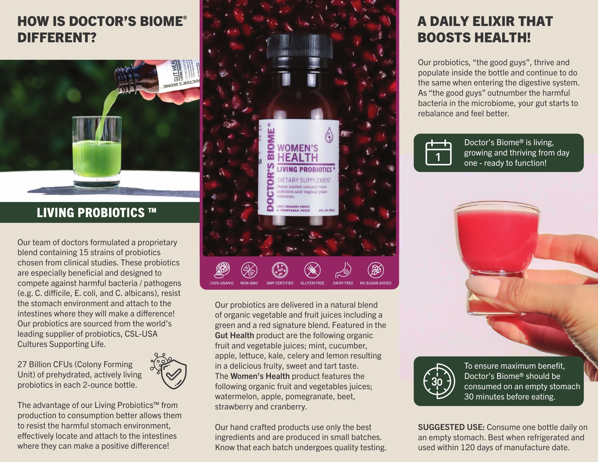 Doctor's Biome trifold brochure interior explaining the living probiotic products