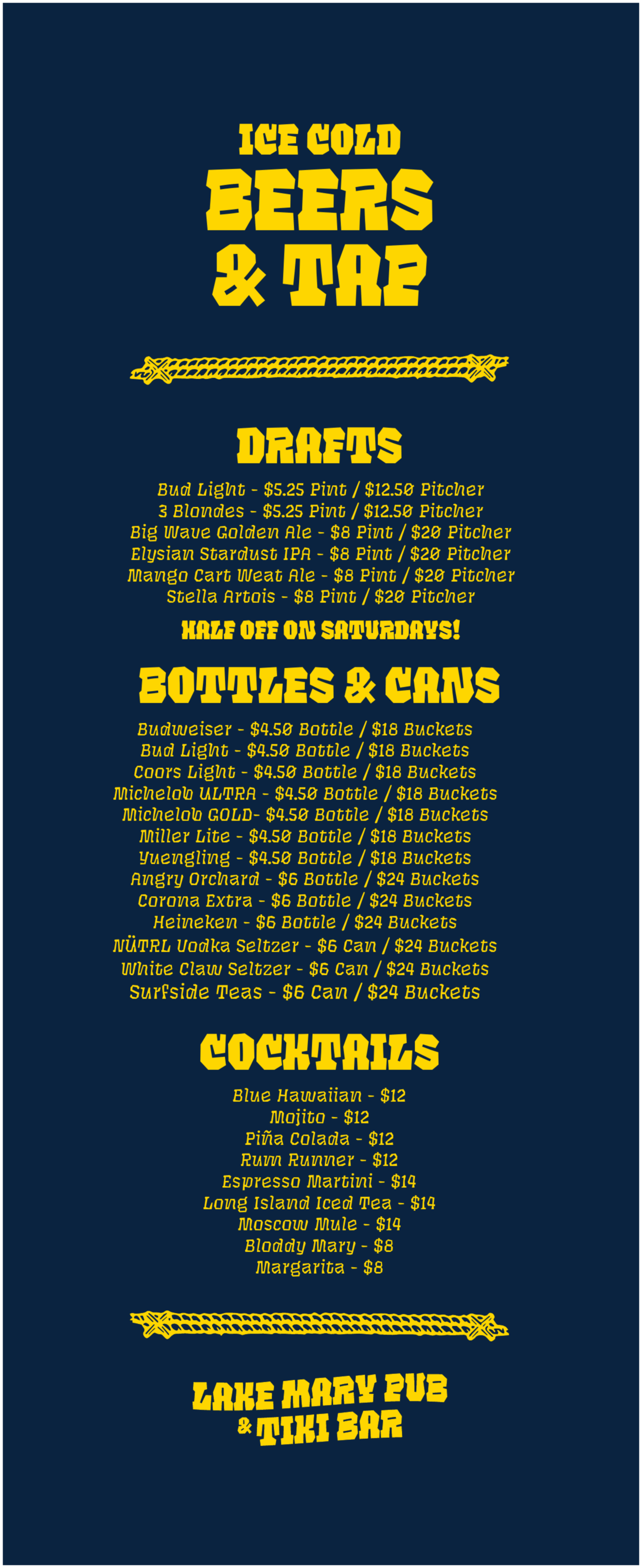 Current Lake Mary Pub drinks menu
