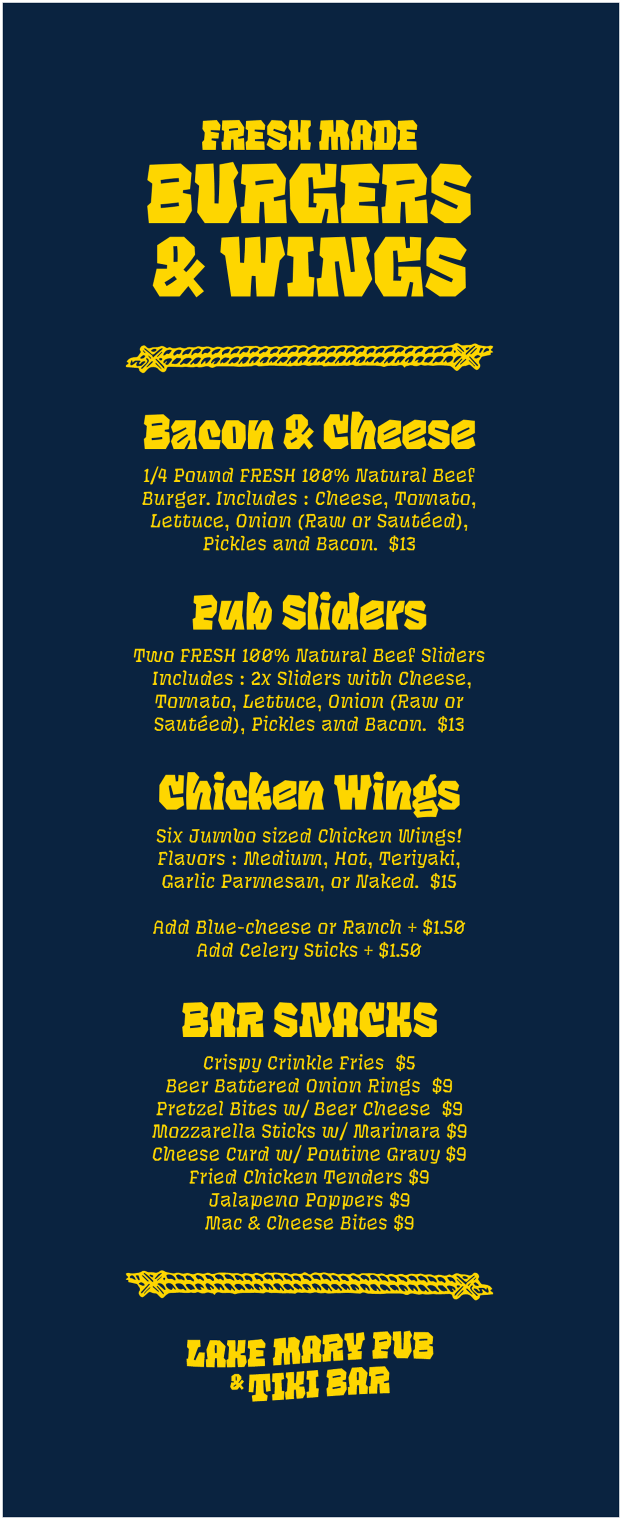 Current Lake Mary Pub food menu