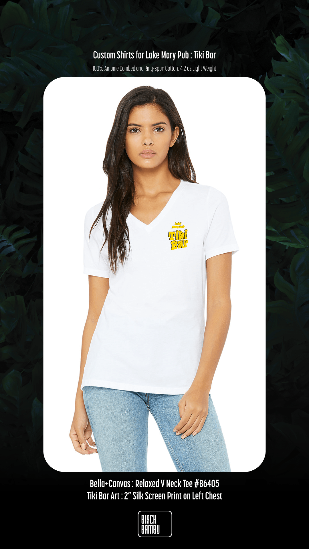 White Lake Mary Tiki Bar staff shirt mockup with front chest mark