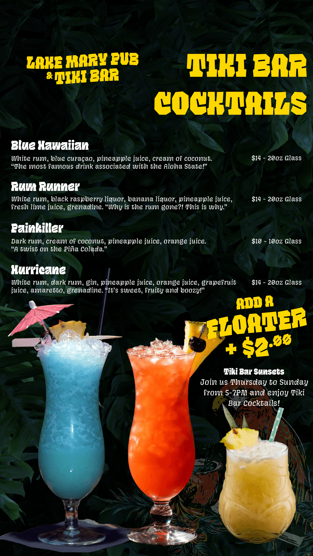 Lake Mary Pub Tiki Bar cocktail menu designed with Black Bambu photography