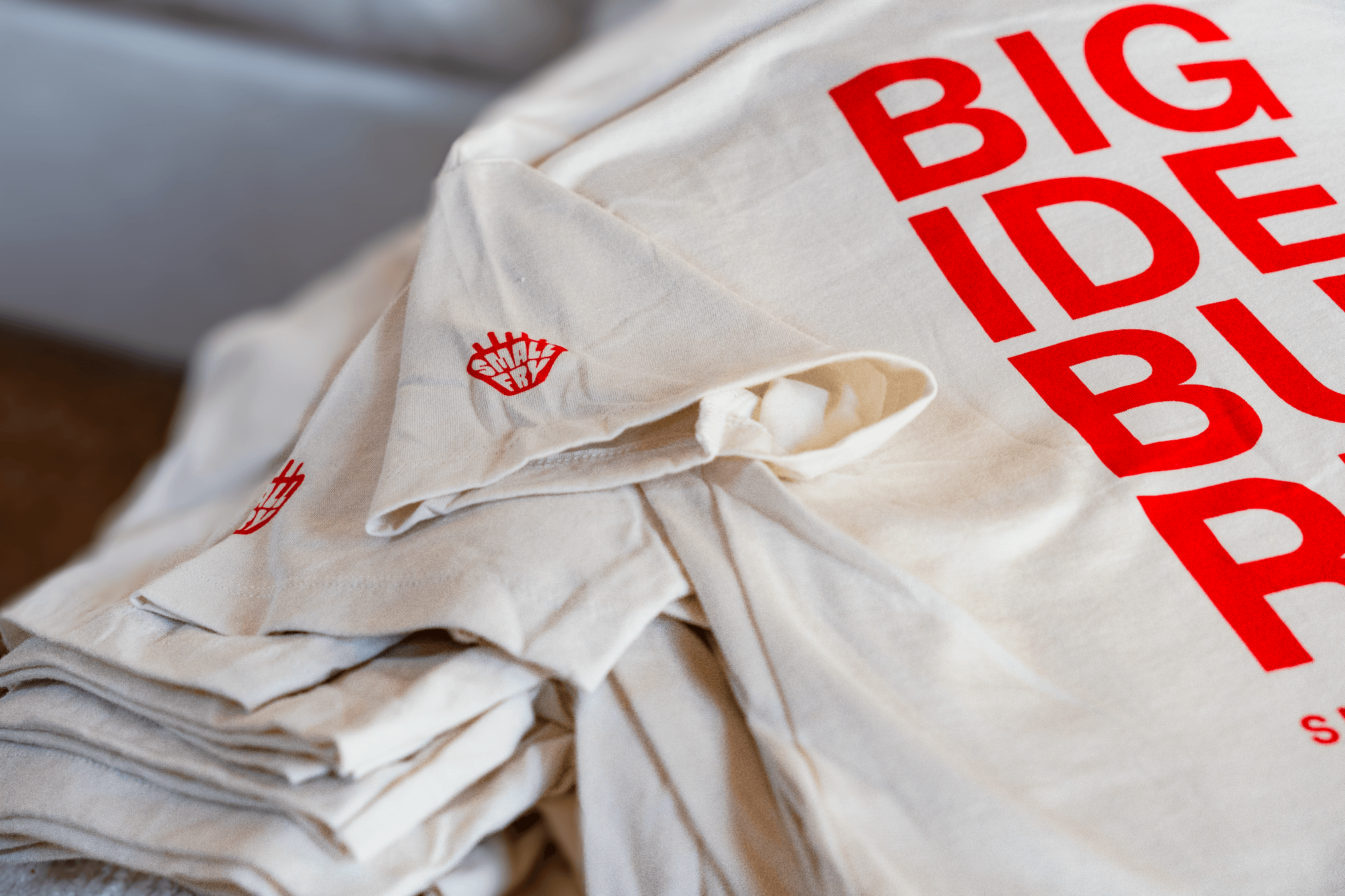 Flat lay of Small Fry Labs shirts with hangtags and stickers